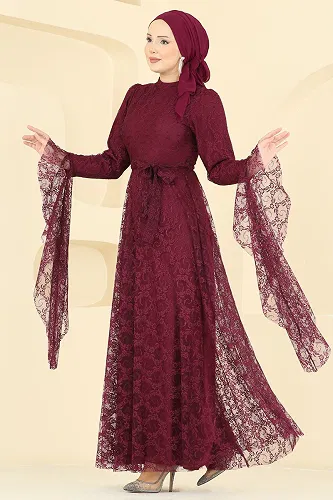 moda selvim Evening Dress 6294BSK463 Burgundy - Thumbnail