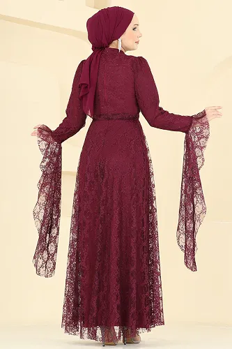 moda selvim Evening Dress 6294BSK463 Burgundy - Thumbnail