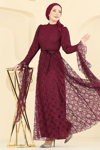 moda selvim فستان سهرة خمري 6294BSK463 - Thumbnail