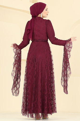 moda selvim فستان سهرة خمري 6294BSK463 - Thumbnail