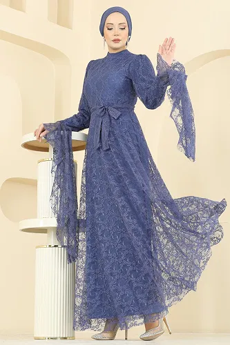 moda selvim Evening Dress 6294BSK463 Indigo - Thumbnail