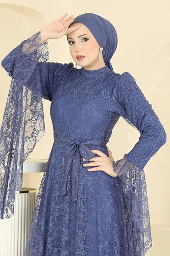 moda selvim Evening Dress 6294BSK463 Indigo - Thumbnail