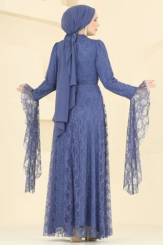 moda selvim Evening Dress 6294BSK463 Indigo - Thumbnail