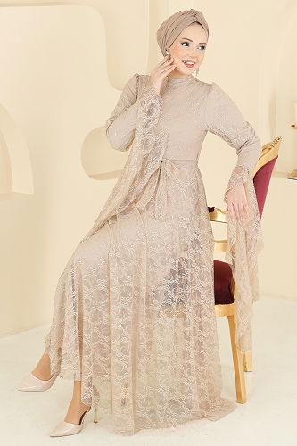 moda selvim Evening Dress 6294BSK463 Stone - Thumbnail