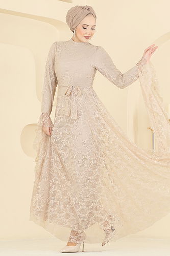 moda selvim فستان سهرة بيج 6294BSK463 - Thumbnail