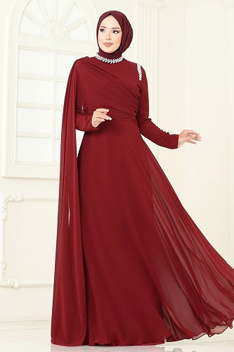 moda selvim Evening Dress 6294LPN858 Burgundy - Thumbnail