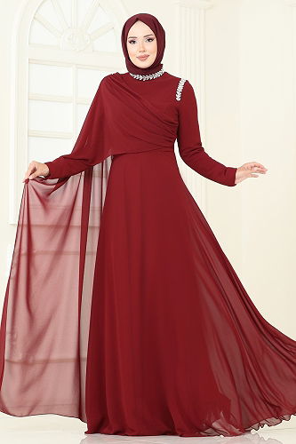 moda selvim Evening Dress 6294LPN858 Burgundy - Thumbnail