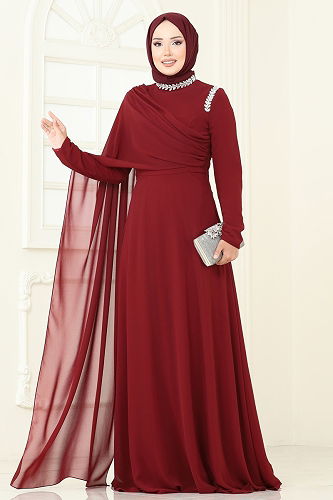 moda selvim Evening Dress 6294LPN858 Burgundy - Thumbnail