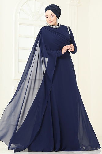 moda selvim فستان سهرة كحلي 6294LPN858 - Thumbnail