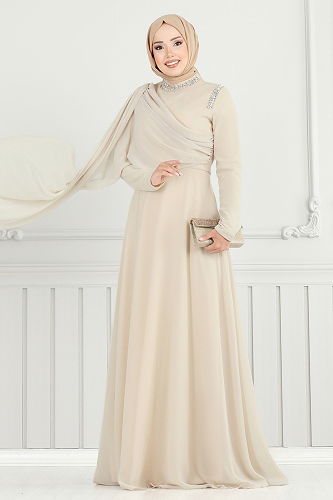 moda selvim فستان سهرة بيج 6294LPN858 - Thumbnail