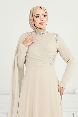 moda selvim فستان سهرة بيج 6294LPN858 - Thumbnail