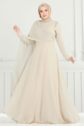 moda selvim فستان سهرة بيج 6294LPN858 - Thumbnail