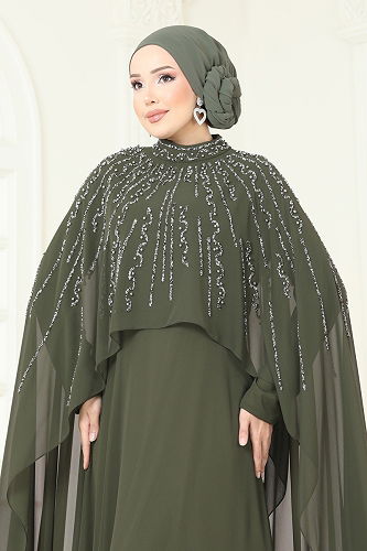 moda selvim Evening Dress 6295LPN858 Khaki - Thumbnail