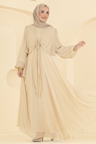 moda selvim فستان سهرة بيج 6304BSK463 - Thumbnail