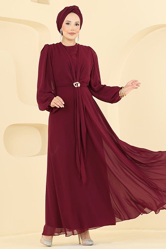 moda selvim فستان سهرة خمري 6304BSK463 - Thumbnail