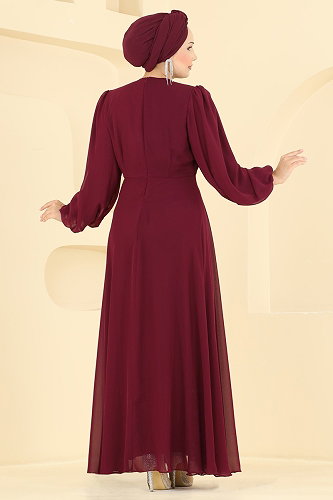 moda selvim فستان سهرة خمري 6304BSK463 - Thumbnail