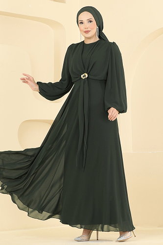 moda selvim فستان سهرة اخضر عفني 6304BSK463 - Thumbnail