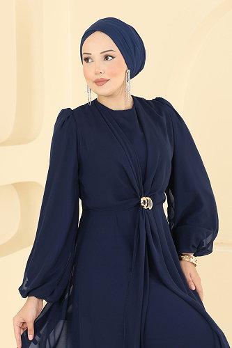 moda selvim فستان سهرة كحلي فاتح 6304BSK463 - Thumbnail