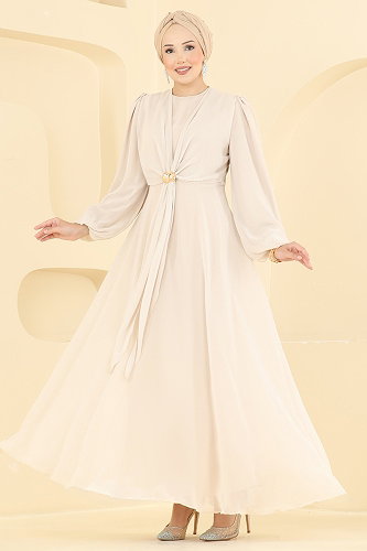 moda selvim فستان سهرة بيج 6304BSK463 - Thumbnail