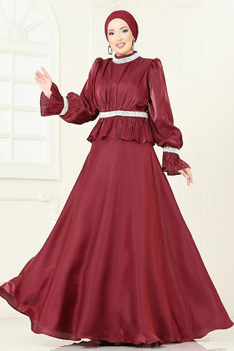 moda selvim Evening Dress 6324LPN858 Burgundy - Thumbnail