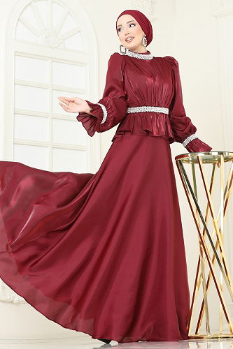 moda selvim فستان سهرة خمري 6324LPN858 - Thumbnail