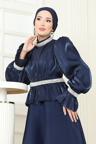 moda selvim Evening Dress 6324LPN858 Navy Blue - Thumbnail