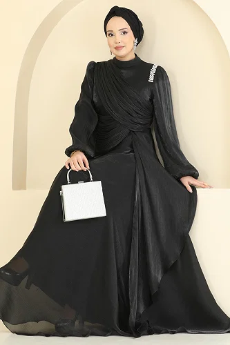 moda selvim Evening Dress 6379LPN858 Black - Thumbnail