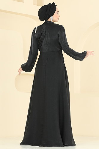 moda selvim فستان سهرة أسود 6379LPN858 - Thumbnail