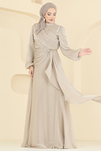 moda selvim فستان سهرة كريمي 6379LPN858 - Thumbnail