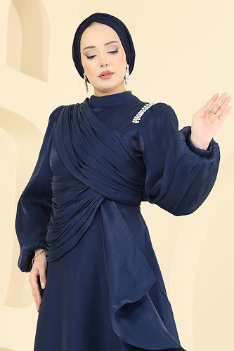 moda selvim Evening Dress 6379LPN858 Navy Blue - Thumbnail