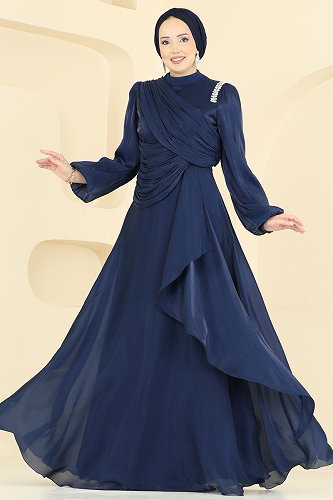 moda selvim فستان سهرة كحلي 6379LPN858 - Thumbnail