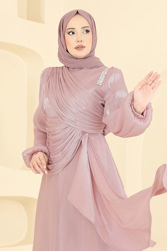 moda selvim فستان سهرة بيج وردي 6379LPN858 - Thumbnail