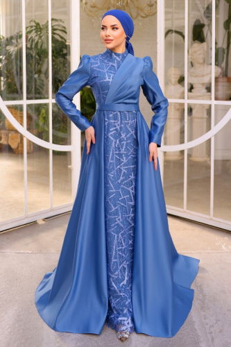 moda selvim Evening Dress 6429YG95 Indigo - Thumbnail