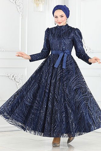 moda selvim Evening Dress 6530YG95 Navy Blue - Thumbnail