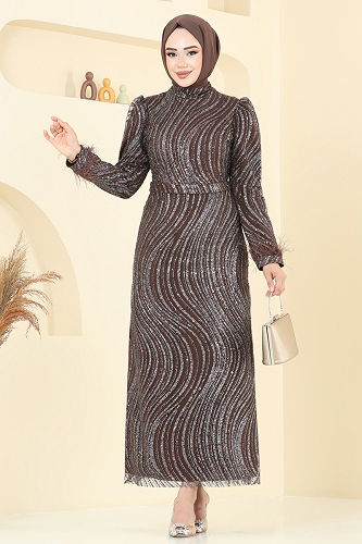 moda selvim فستان سهرة بني غامق 6539YG95 - Thumbnail