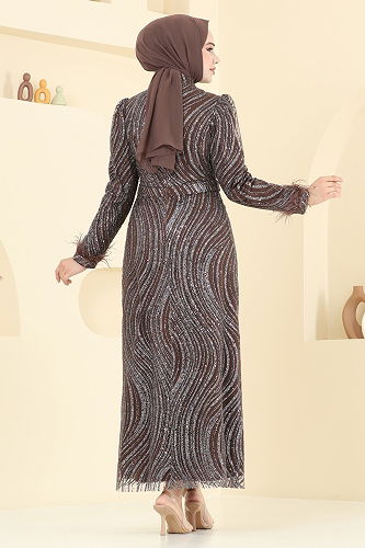 moda selvim فستان سهرة بني غامق 6539YG95 - Thumbnail