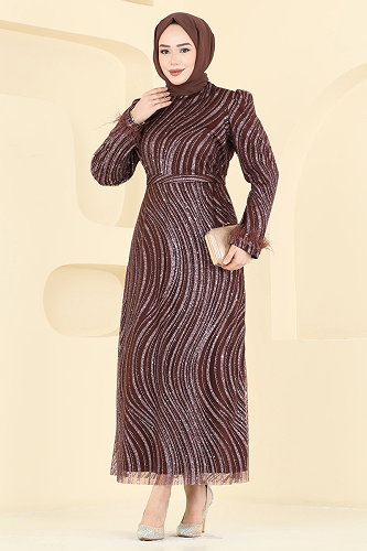 moda selvim فستان سهرة بني غامق 6539YG95 - Thumbnail