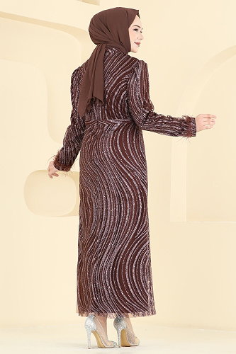 moda selvim فستان سهرة بني غامق 6539YG95 - Thumbnail