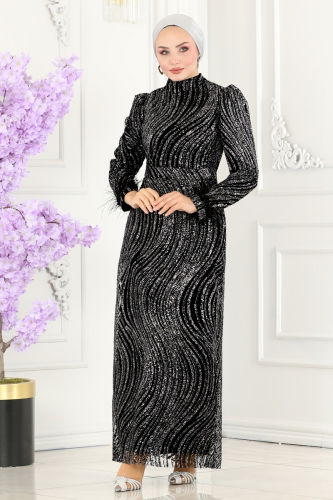 moda selvim Evening Dress 6539YG95 Black & Silver - Thumbnail