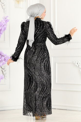 moda selvim Evening Dress 6539YG95 Black & Silver - Thumbnail