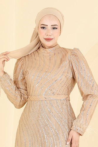 moda selvim فستان سهرة كريمي 6539YG95 - Thumbnail