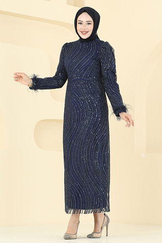 moda selvim Evening Dress 6539YG95 Dark Navy Blue - Thumbnail