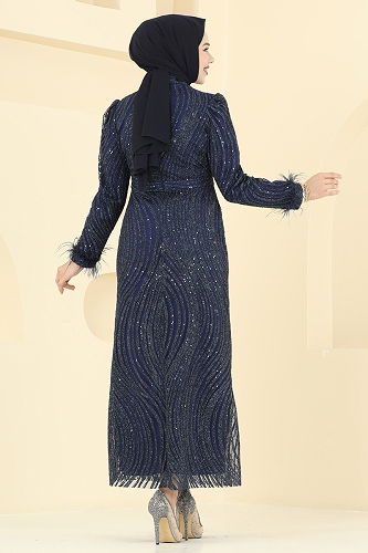 moda selvim Evening Dress 6539YG95 Dark Navy Blue - Thumbnail