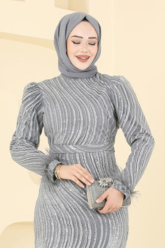 moda selvim فستان سهرة رمادي 6539YG95 - Thumbnail
