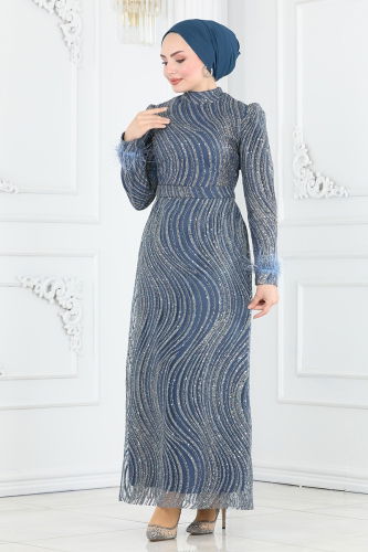 moda selvim Evening Dress 6539YG95 Indigo - Thumbnail