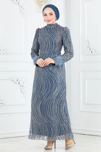 moda selvim Evening Dress 6539YG95 Indigo - Thumbnail