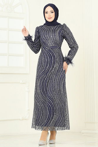 moda selvim Evening Dress 6539YG95 Light Navy Blue - Thumbnail