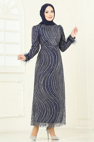 moda selvim Evening Dress 6539YG95 Light Navy Blue - Thumbnail