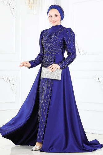 moda selvim Evening Dress 6541YG95 Navy Blue - Thumbnail