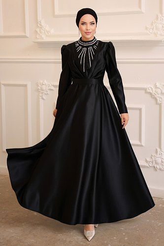 moda selvim فستان سهرة أسود 6559YG95 - Thumbnail